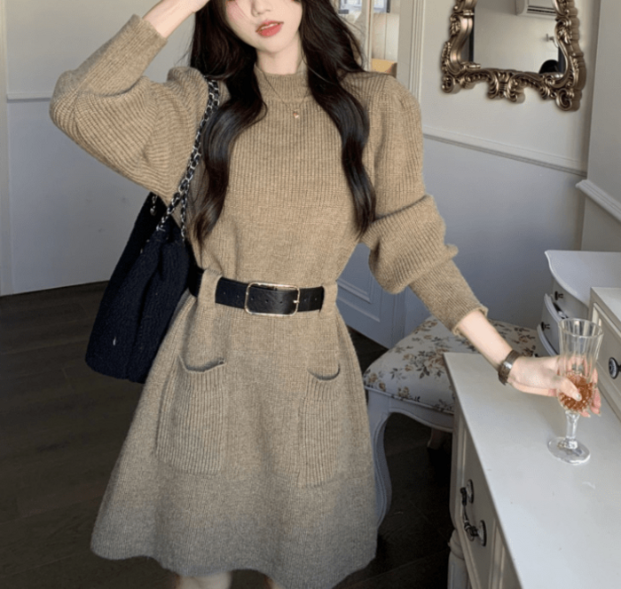 骨格ウェーブパフスリーブニットミニワンピース