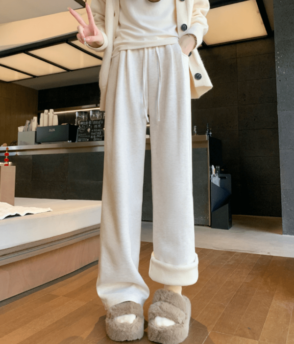 骨格ウェーブ裏起毛ワイドレッグストレートパンツ