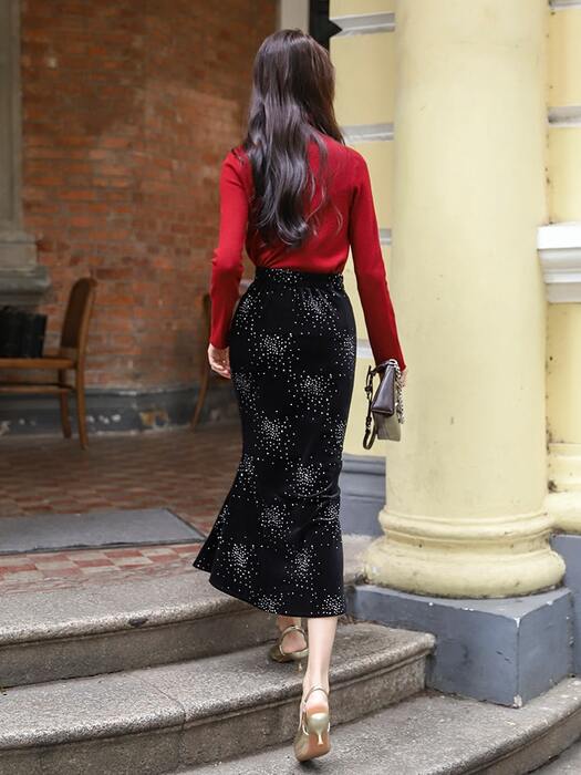 骨格ウェーブフィッシュテールベロアスカート