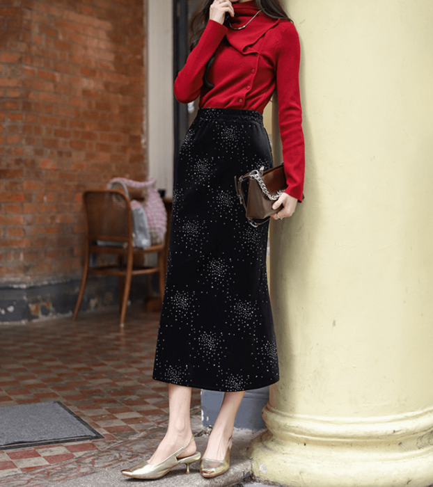 骨格ウェーブフィッシュテールベロアスカート