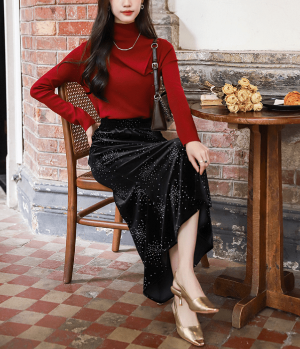 骨格ウェーブフィッシュテールベロアスカート