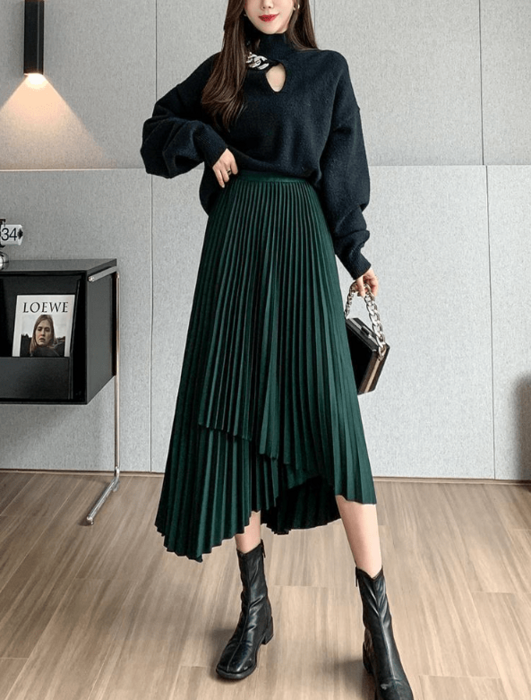 骨格ウェーブアシンメトリーデザインプリーツスカート