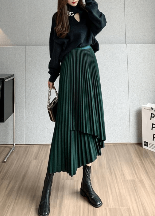 骨格ウェーブアシンメトリーデザインプリーツスカート