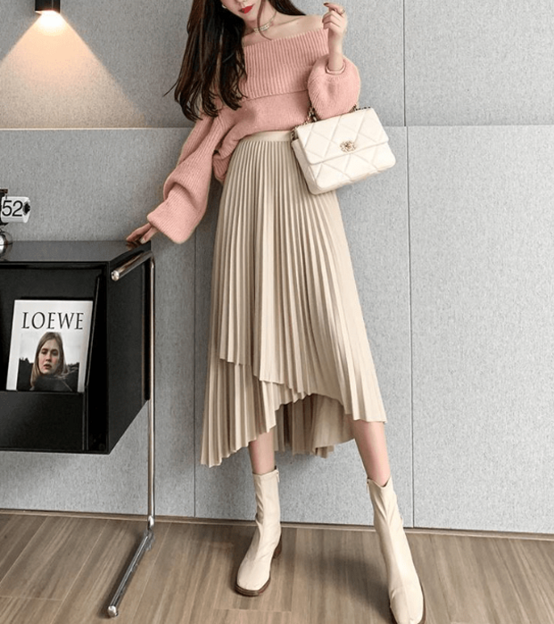 骨格ウェーブアシンメトリーデザインプリーツスカート