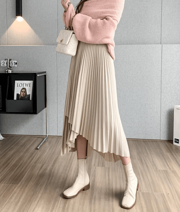 骨格ウェーブアシンメトリーデザインプリーツスカート