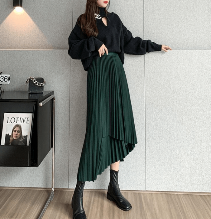 骨格ウェーブアシンメトリーデザインプリーツスカート