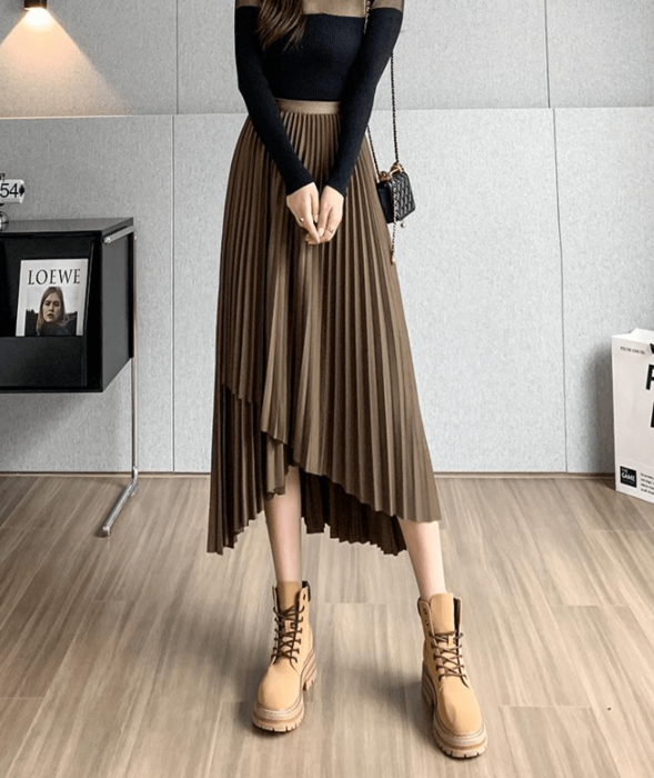 骨格ウェーブアシンメトリーデザインプリーツスカート