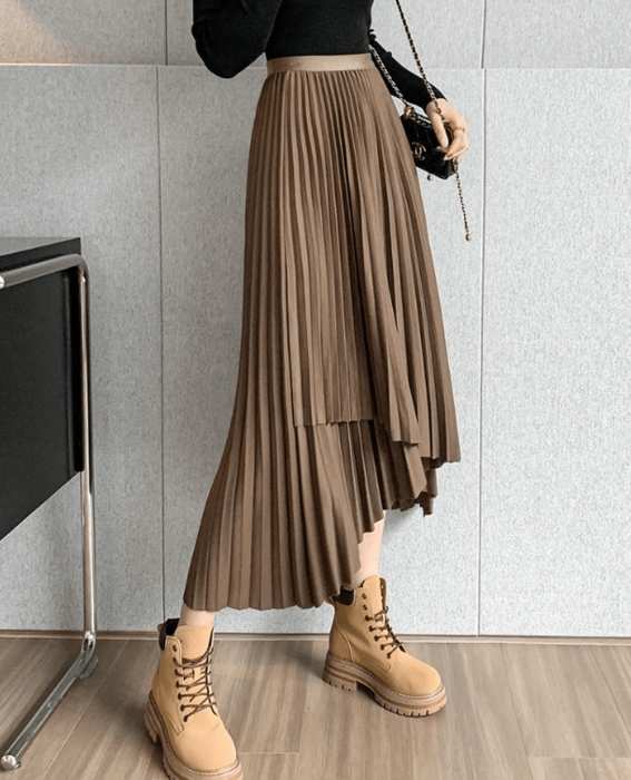 骨格ウェーブアシンメトリーデザインプリーツスカート