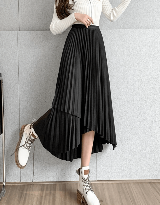 骨格ウェーブアシンメトリーデザインプリーツスカート