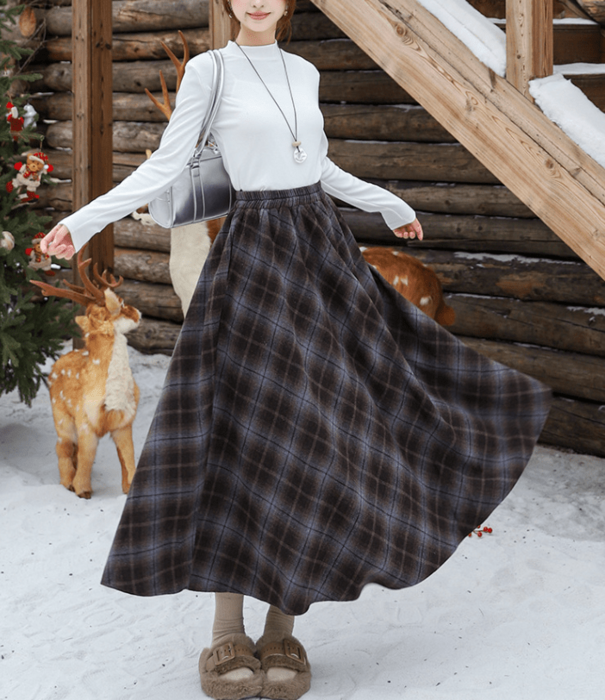 骨格ウェーブチェック柄フレアロングスカート