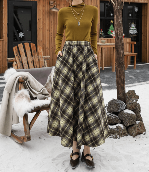 骨格ウェーブチェック柄フレアロングスカート