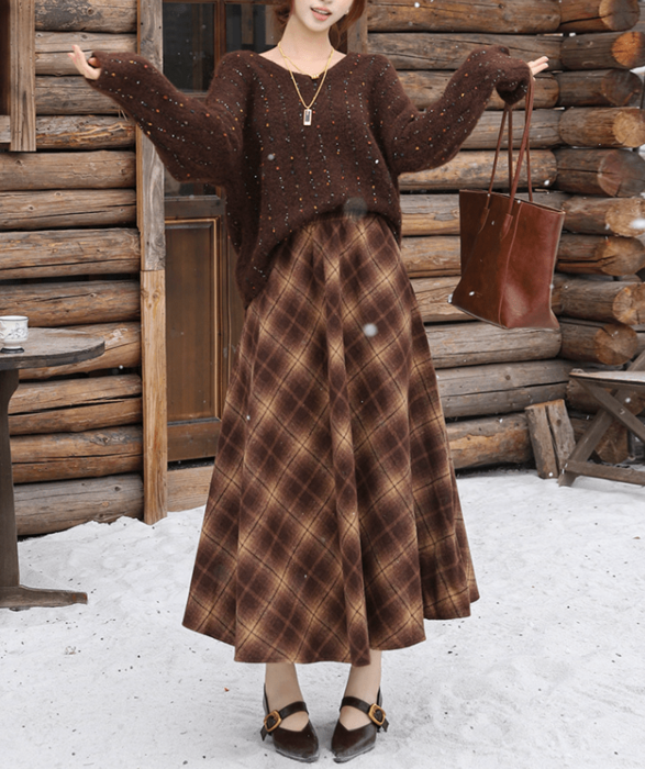 骨格ウェーブチェック柄フレアロングスカート