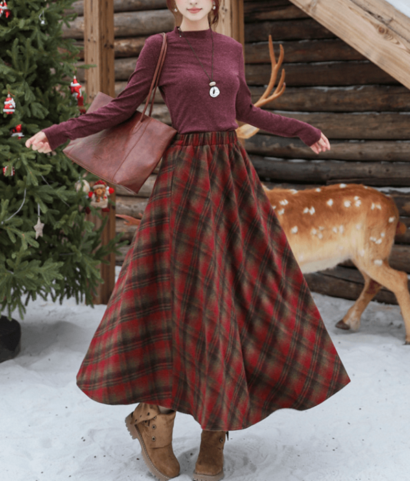 骨格ウェーブチェック柄フレアロングスカート