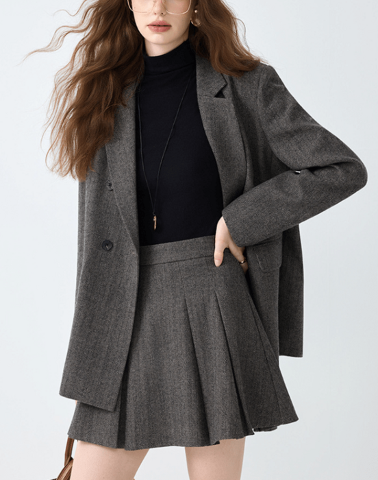 骨格ウェーブテーラード襟ジャケット＋プリーツスカートセットアップ