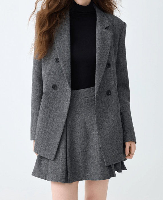 骨格ウェーブテーラード襟ジャケット＋プリーツスカートセットアップ