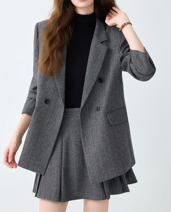 骨格ウェーブテーラード襟ジャケット＋プリーツスカートセットアップ