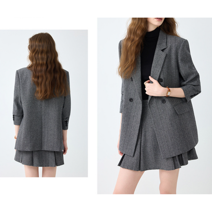 骨格ウェーブテーラード襟ジャケット＋プリーツスカートセットアップ