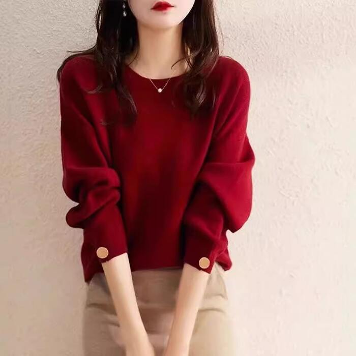 骨格ウェーブラウンドネックプルオーバーニットトップス