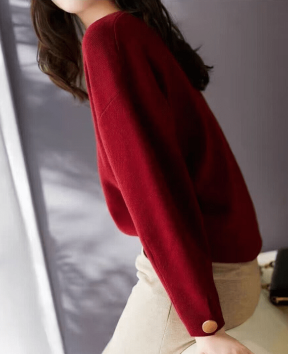 骨格ウェーブラウンドネックプルオーバーニットトップス