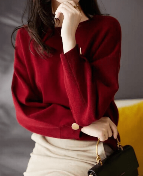 骨格ウェーブラウンドネックプルオーバーニットトップス