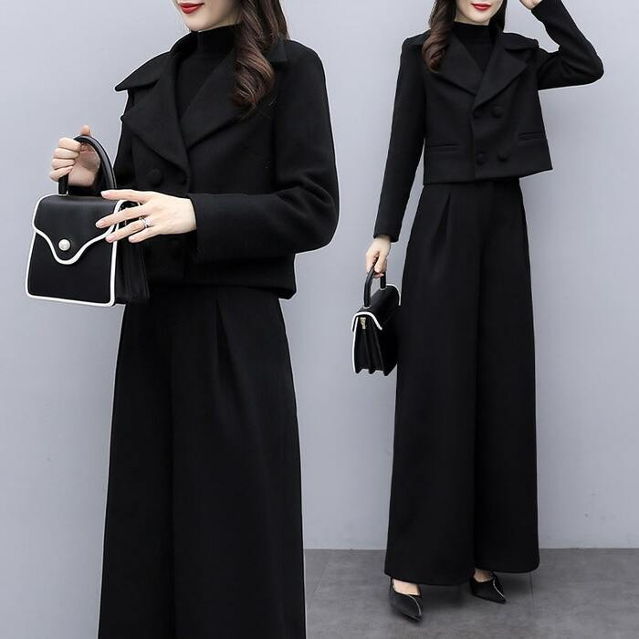 骨格ウェーブラペルジャケット×ワイドパンツセットアップ