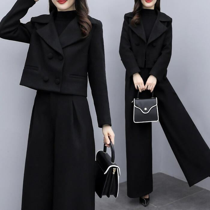 骨格ウェーブラペルジャケット×ワイドパンツセットアップ