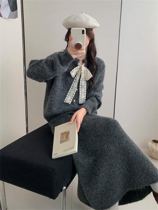 骨格ウェーブフロントリボンニットカーディガン＋Aラインスカート