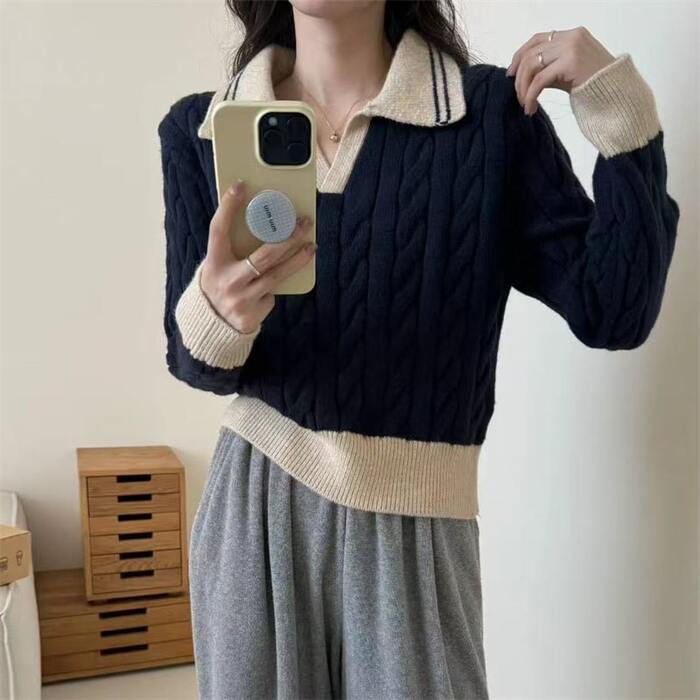 骨格ウェーブポロカラーケーブル編みニットトップス