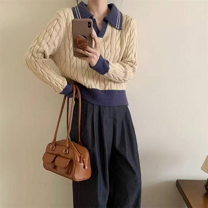 骨格ウェーブポロカラーケーブル編みニットトップス