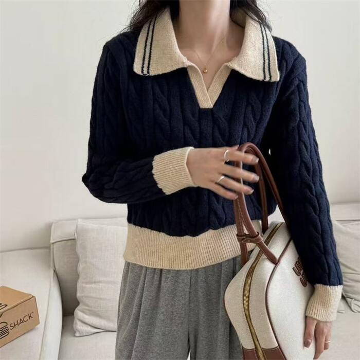 骨格ウェーブポロカラーケーブル編みニットトップス