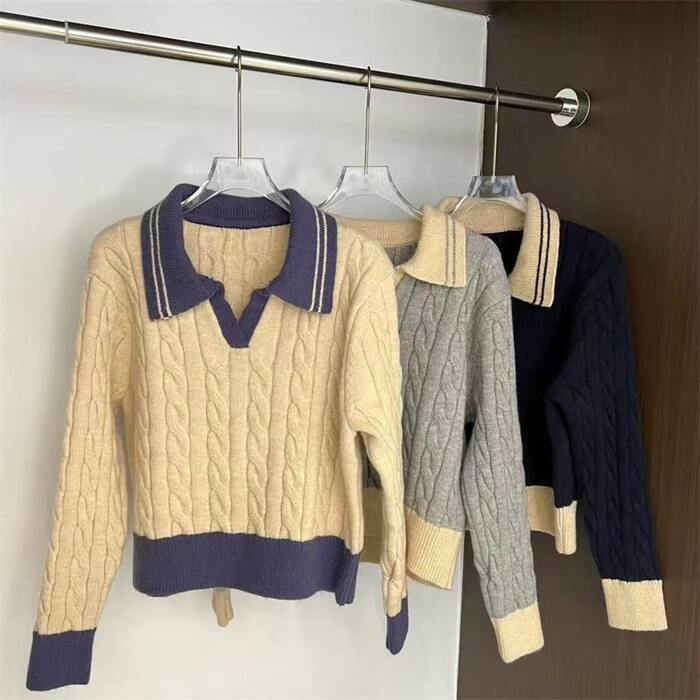 骨格ウェーブポロカラーケーブル編みニットトップス