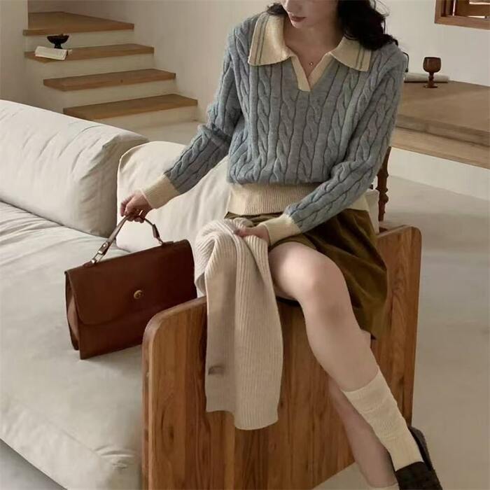 骨格ウェーブポロカラーケーブル編みニットトップス