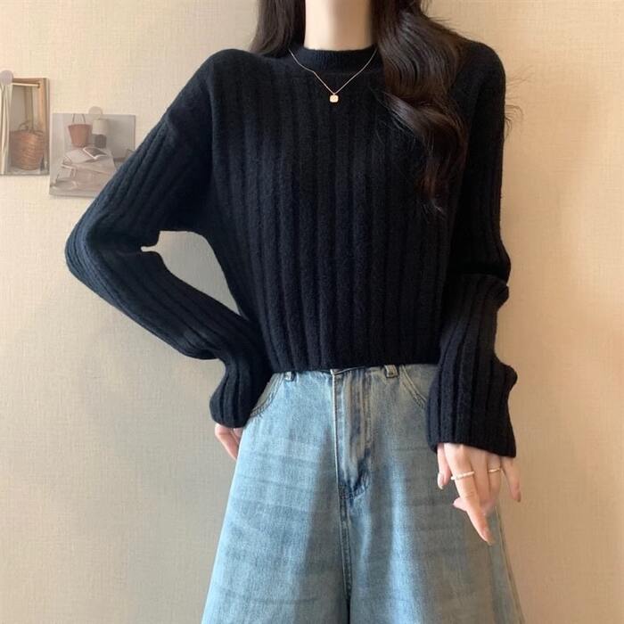骨格ウェーブドロップショルダーリブニットトップス