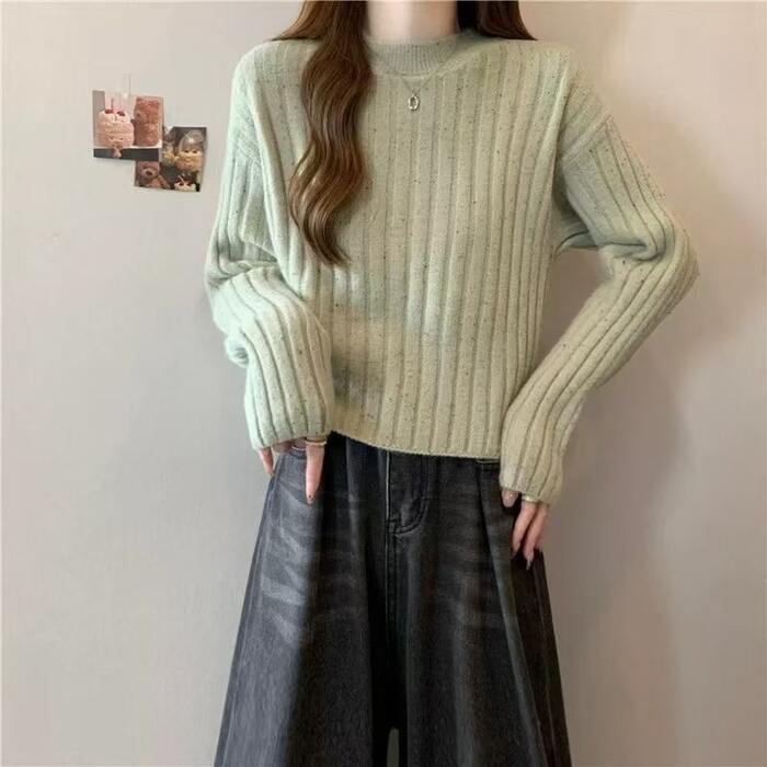 骨格ウェーブドロップショルダーリブニットトップス