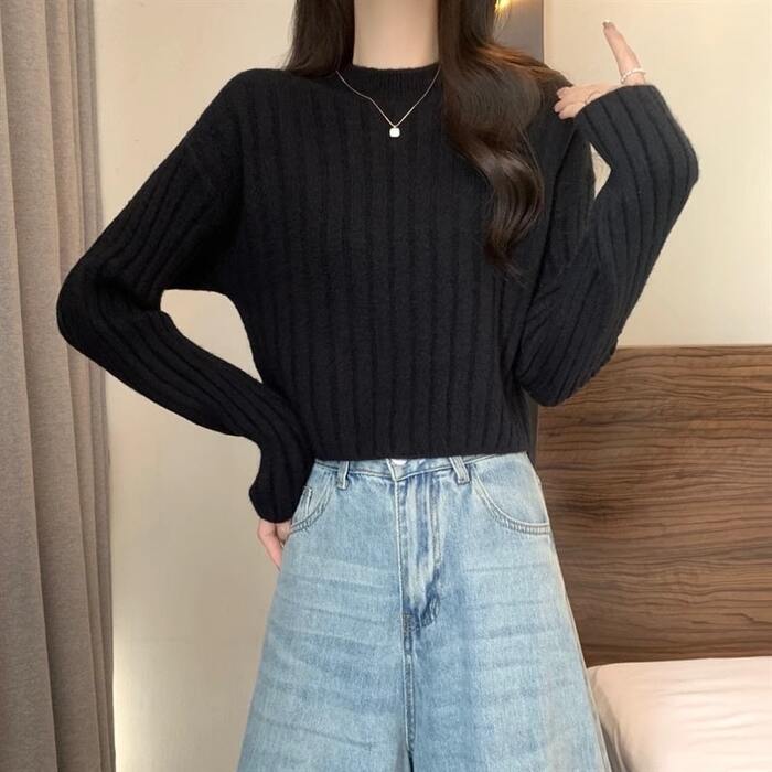 骨格ウェーブドロップショルダーリブニットトップス