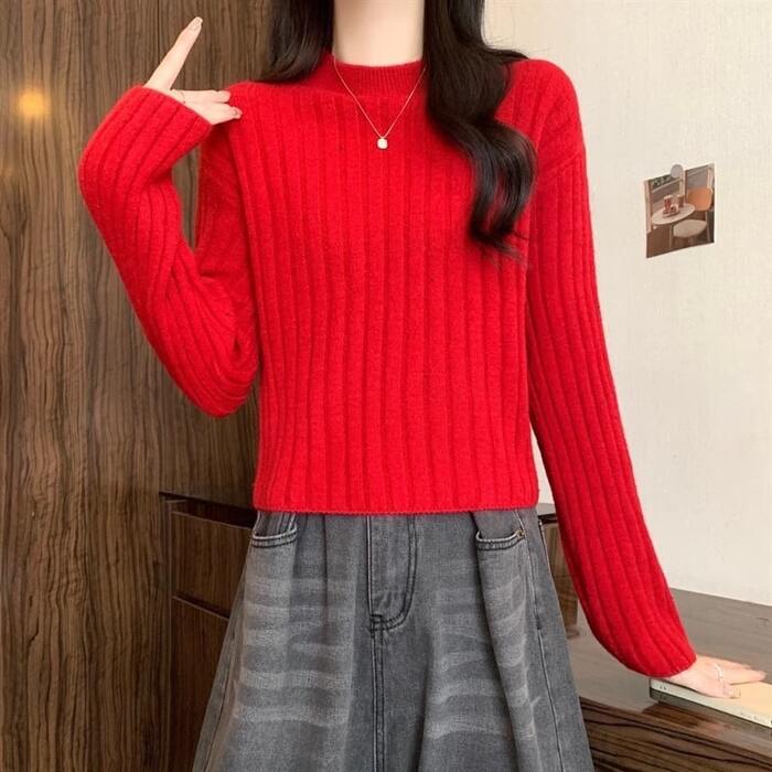 骨格ウェーブドロップショルダーリブニットトップス