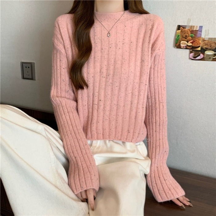 骨格ウェーブドロップショルダーリブニットトップス