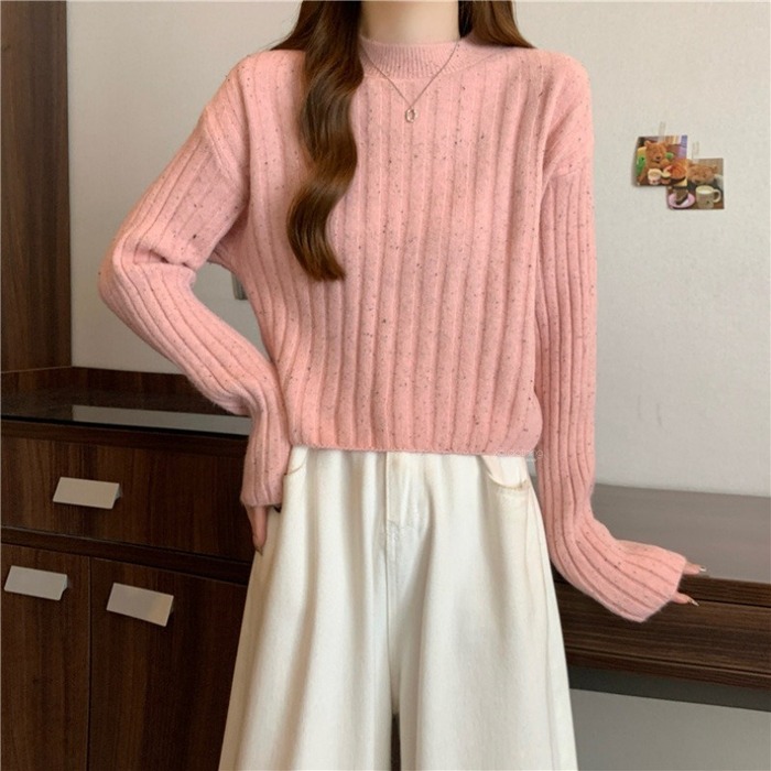 骨格ウェーブドロップショルダーリブニットトップス