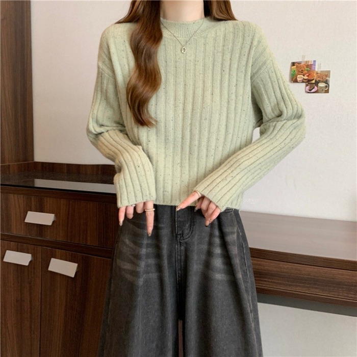 骨格ウェーブドロップショルダーリブニットトップス