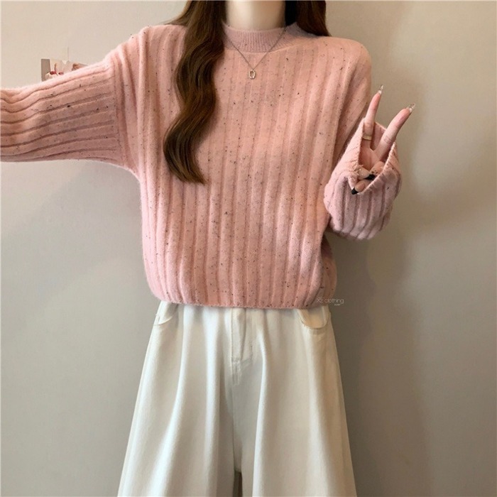 骨格ウェーブドロップショルダーリブニットトップス