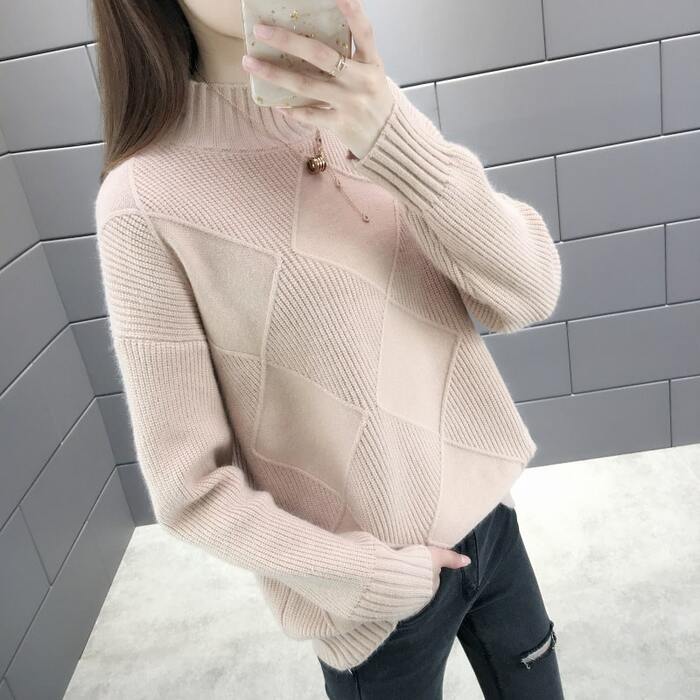 骨格ウェーブボトルネックデザインニットトップス