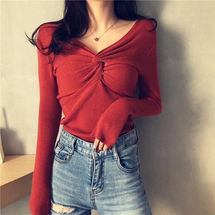 骨格ウェーブツイストリブニットトップス