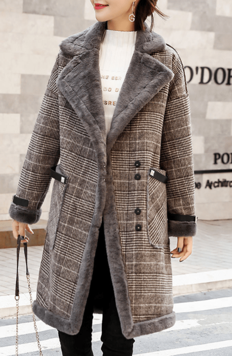 骨格ウェーブチェック柄裏ボアコート