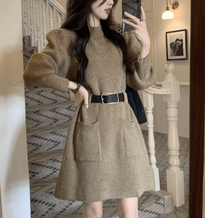 骨格ウェーブパフスリーブニットミニワンピース