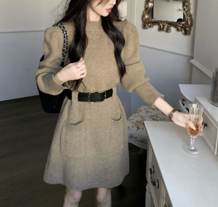 骨格ウェーブパフスリーブニットミニワンピース