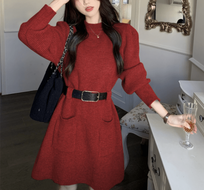 骨格ウェーブパフスリーブニットミニワンピース