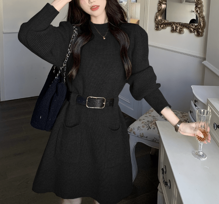 骨格ウェーブパフスリーブニットミニワンピース