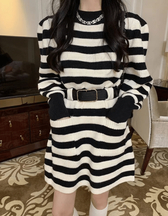 骨格ウェーブパフスリーブニットミニワンピース