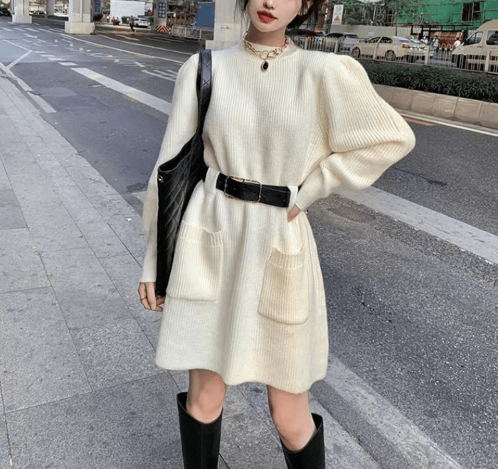 骨格ウェーブパフスリーブニットミニワンピース