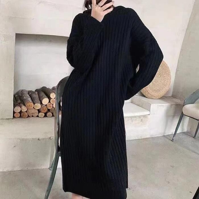 骨格ウェーブフード付きニットワンピース